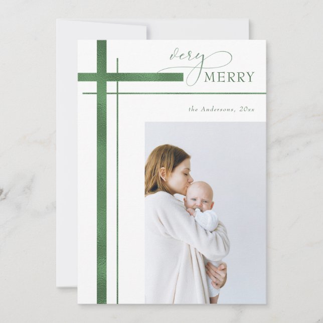 Very Merry Faux Foil One Photo Religious Christmas Holiday Card (Front)