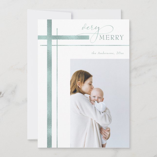 Very Merry Faux Foil One Photo Religious Christmas Holiday Card (Front)