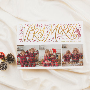 Very Merry Gold Hand Lettering 3 Photo Christmas Holiday Card