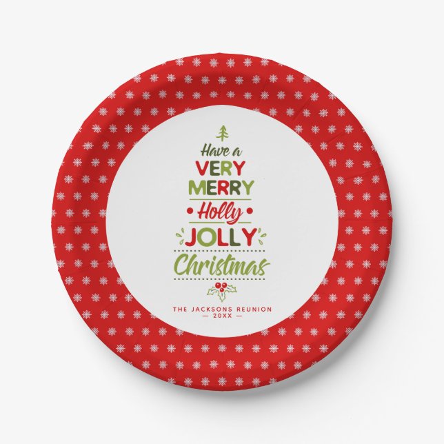 Very Merry Holly Jolly Christmas Tree Custom Text Paper Plate (Front)