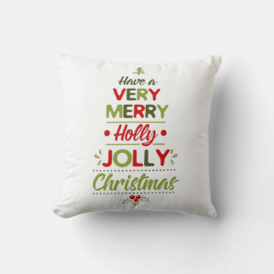 Very Merry Holly Jolly Christmas Tree Typography  Cushion