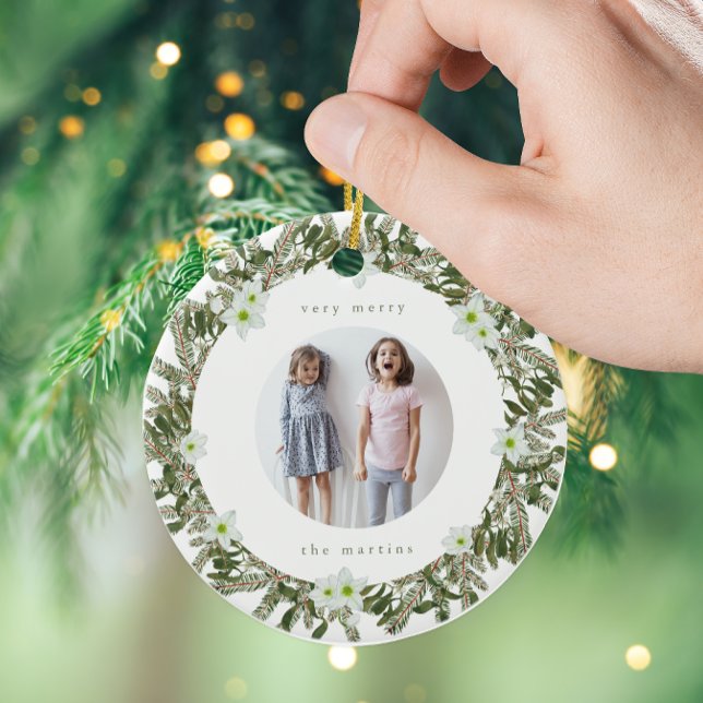 Very Merry Pine and Floral Photo Wreath Ceramic Tree Decoration (Creator Uploaded)