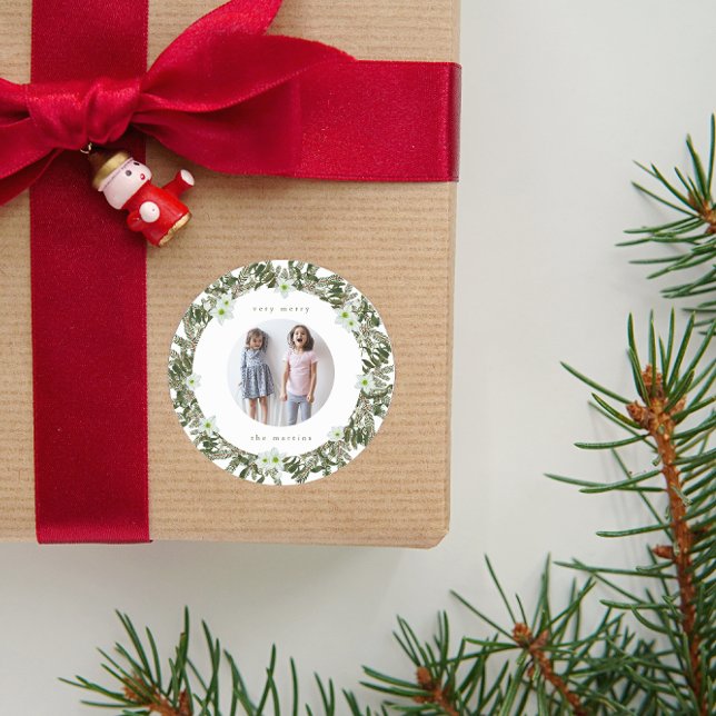 Very Merry Pine and Floral Winter Wreath Christmas Classic Round Sticker (Creator Uploaded)