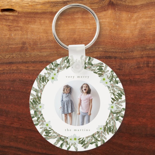 Very Merry Pine and Floral Winter Wreath Christmas Key Ring (Front)