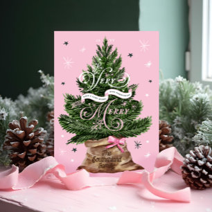 Very Merry Retro Vintage Pink Christmas Tree Bow Holiday Card