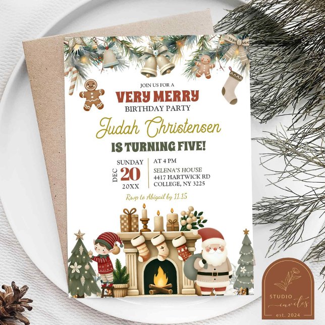 Very Merry Santa and Elf Christmas Birthday Party Invitation (Creator Uploaded)