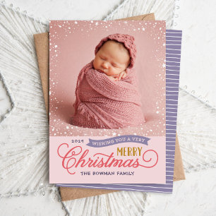 Very Merry Script Colourful Photo Holiday Card
