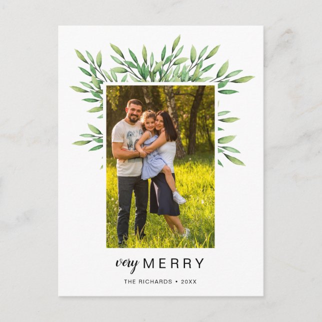 Very Merry Watercolor Leaves Photo Postcard (Front)