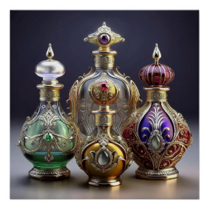 Very Ornate Baroque Style Perfume Bottles Poster