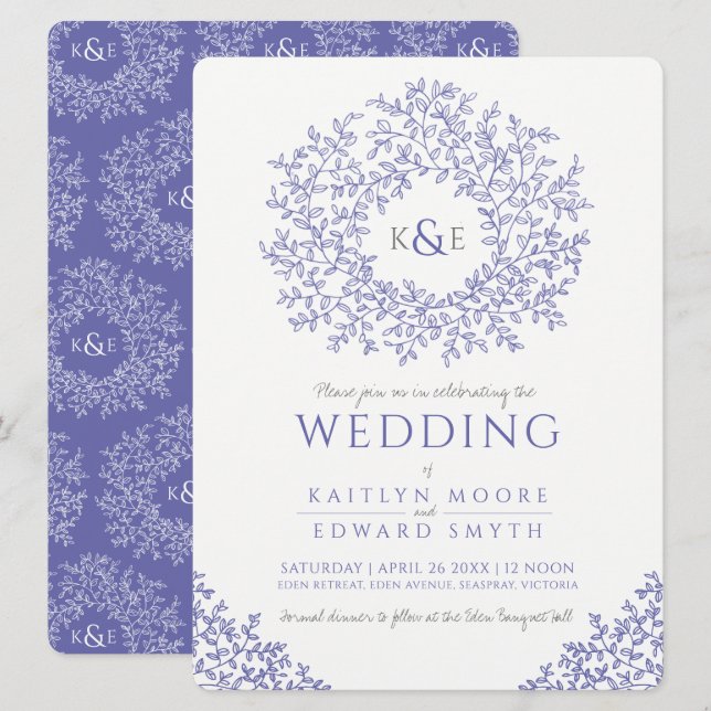 Very peri blue drawn leaf monogram art wedding invitation (Front/Back)