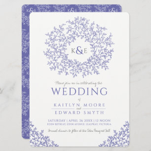Very peri blue drawn leaf monogram art wedding invitation