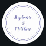 Very Peri Blue Simple Wedding Bride Groom Favour  Classic Round Sticker<br><div class="desc">Simple, minimalist and chic Wedding design features bride & groom's names in a modern design with a double framed border in Very Peri Periwinkle Blue on a chic crisp white background. The modern design is simple and chic. Personalise wedding details with your names in trendy blue script. Be sure to...</div>