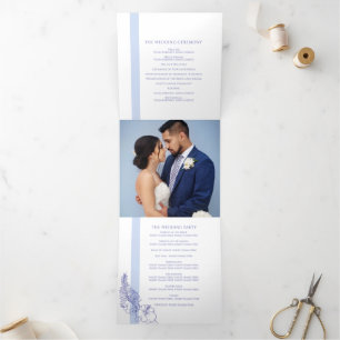 Very peri blue tropical botanica line art wedding Tri-Fold programme