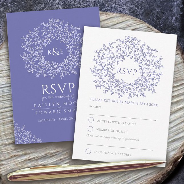 Very Peri hand drawn leaf monogram RSVP wedding Card (Creator Uploaded)