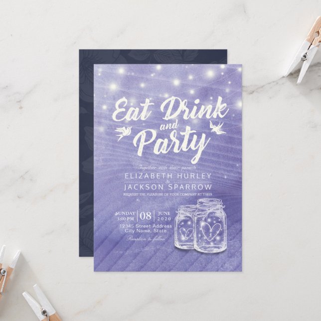Very Peri Mason Jars String Lights EAT Drink Party Invitation (Front/Back In Situ)