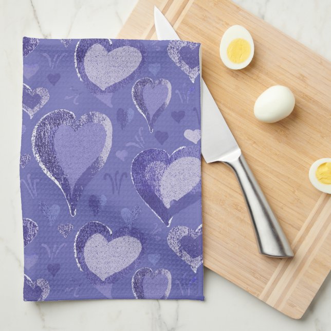 Very Peri Purple Hearts Pattern Drawing Tea Towel (Quarter Fold)