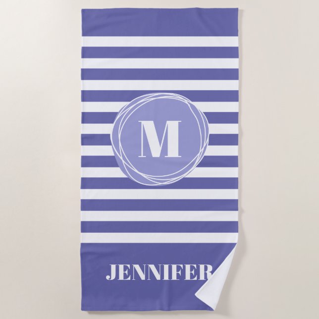 Very Peri Striped Monogram Custom   Beach Towel (Front)