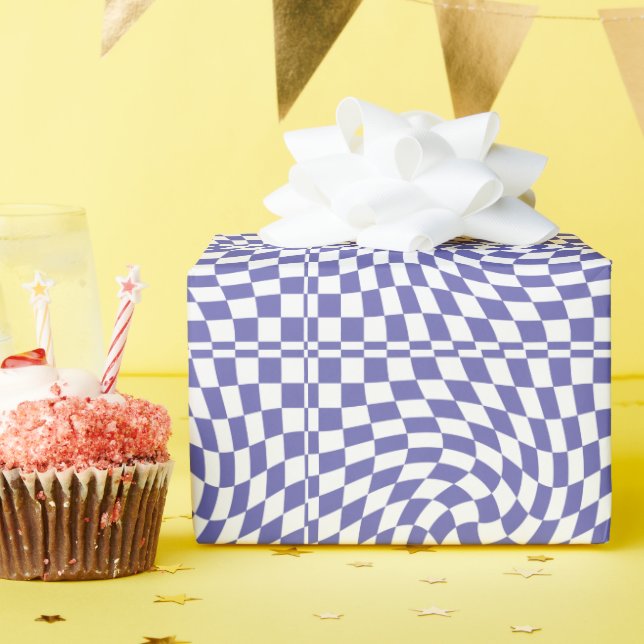 Very Peri Warped Chequerboard Checks Pattern Retro Wrapping Paper (Birthday Party)