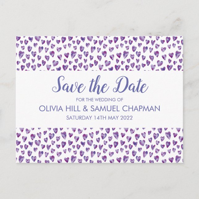 Very Peri Watercolour Heart Save the Date Card (Front)
