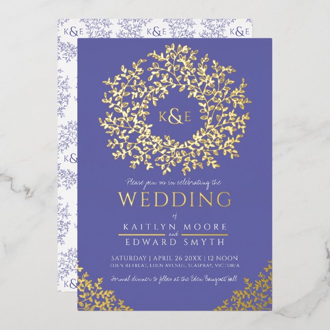 Very peri wedding wreath leaves foil invitation (Front/Back)