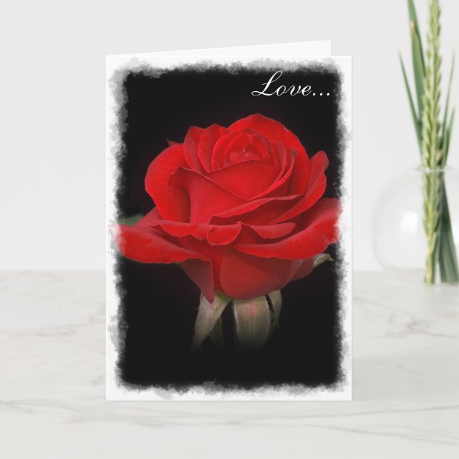 Very Red Rose White Outline "Love" Holiday Card (Front)
