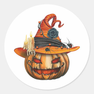 Very Scary Carved Halloween Pumpkin and Spiders  Classic Round Sticker