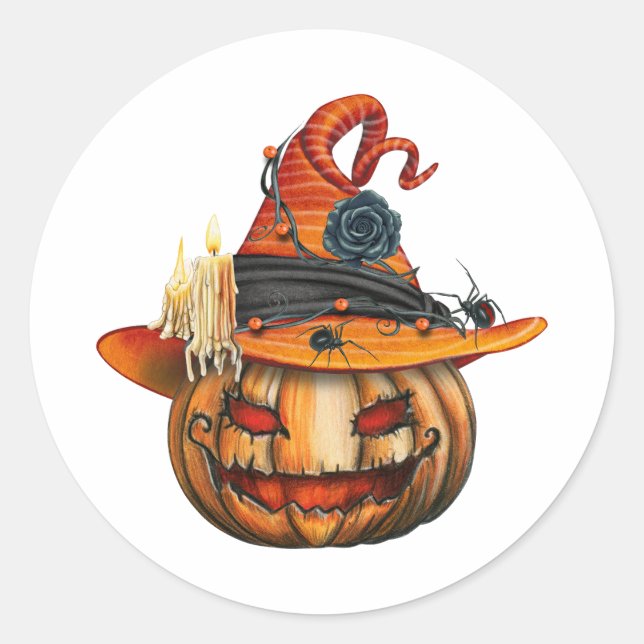 Very Scary Carved Halloween Pumpkin and Spiders  Classic Round Sticker (Front)
