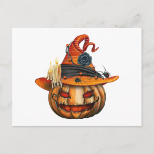 Very Scary Carved Halloween Pumpkin and Spiders Holiday Postcard