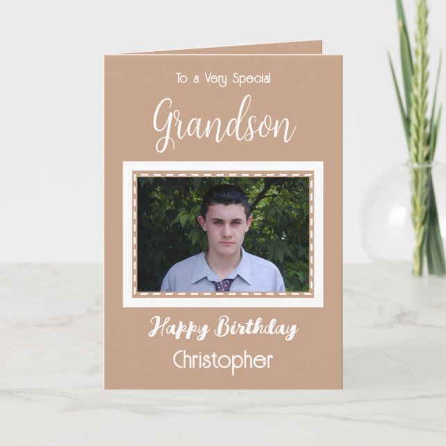 Very special Grandson photo brown birthday Card (Front)