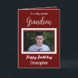 Very special Grandson photo burgundy birthday Card<br><div class="desc">To a very special grandson.
Happy birthday.
Add a name and a photo.
Burgundy and white.</div>