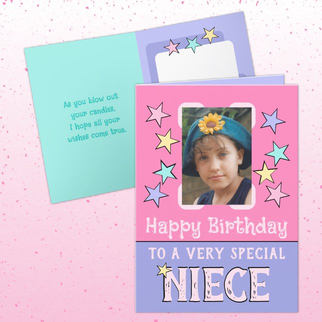 Very special niece pink purple photo birthday card (Creator Uploaded)