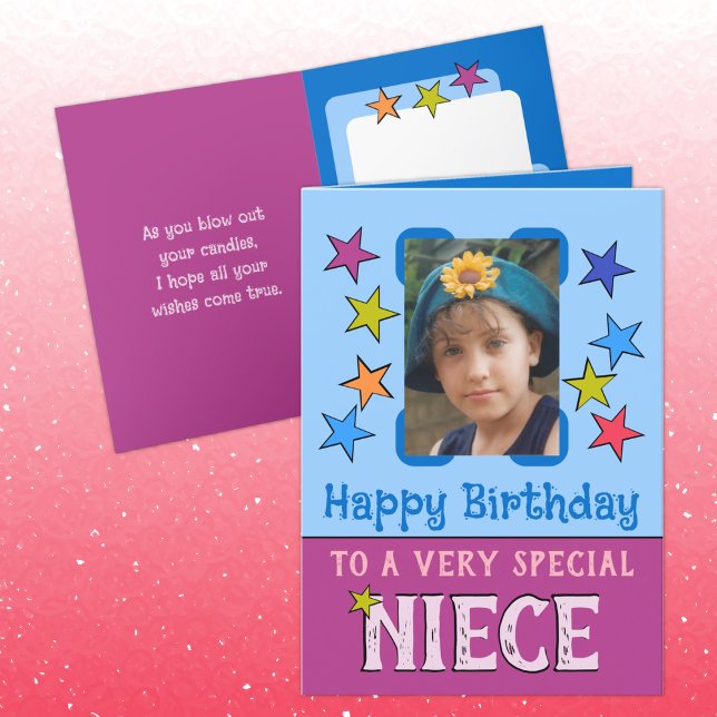 Very special niece purple blue photo birthday card (Creator Uploaded)