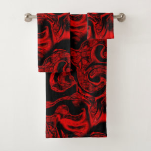 Very stained red spiral parts on black background  bath towel set