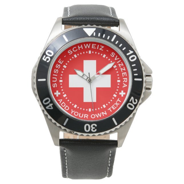 Very Swiss Watch - Swiss Flag, Add Your Own Text (Front)