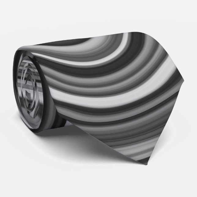 Very Unique Black White Silver Curvy Line Pattern Tie (Rolled)