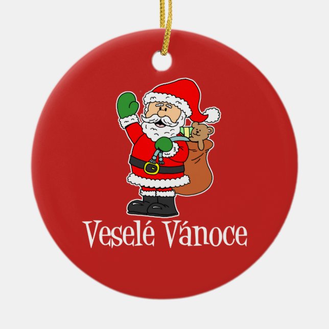 Vesele Vanoce Czech Christmas Santa (RED) Ceramic Tree Decoration (Front)