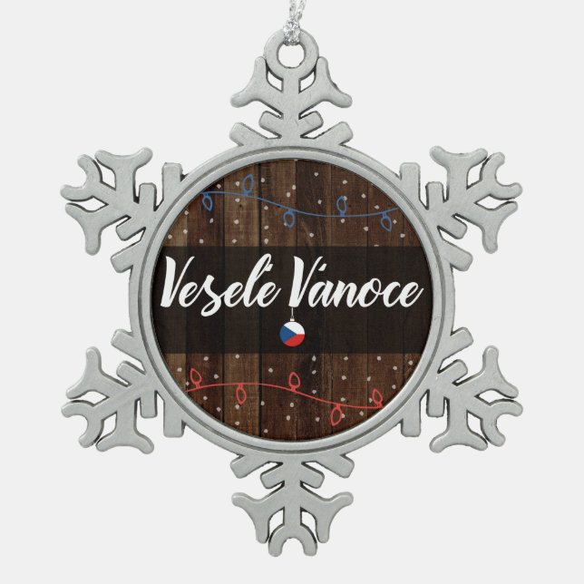 Veselé Vánoce Czech Merry Christmas, Rustic Style Snowflake Pewter Christmas Ornament (Front)