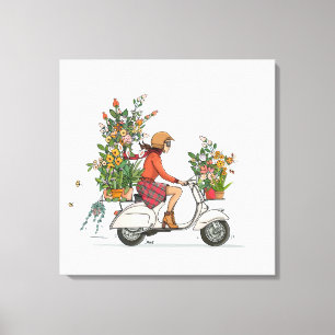 Vespa scooter little girl with flowers canvas print