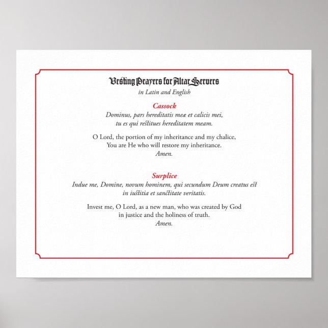 Vesting Prayers for Altar Servers (Cassock) Poster (Front)