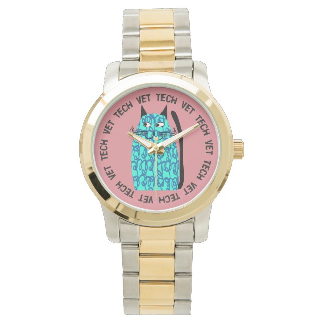 Vet Tech Watch whimsical cat Design Pink (Front)