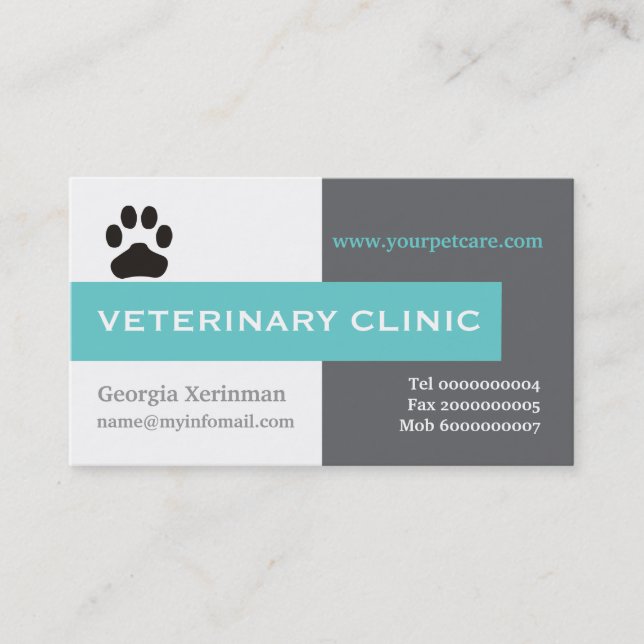 Vet/Veterinary Clinic, paw aqua eye-catching Business Card (Front)