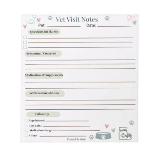 Vet Visit Notes Pet Care Notepad