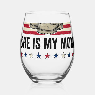 Veteran Mum Patriotic Military Boots Shirt Design_ Stemless Wine Glass
