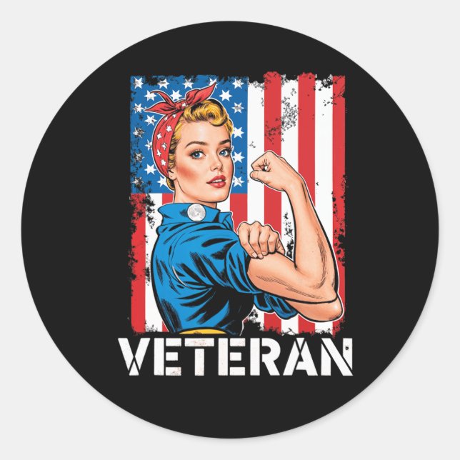 Veteran Patriotic Woman Veteran's Day Female Stron Classic Round Sticker (Front)