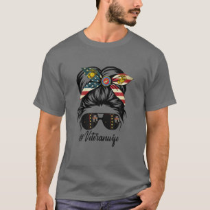 Veteran Wife Military Patriotic Messy Bun Hair T-Shirt
