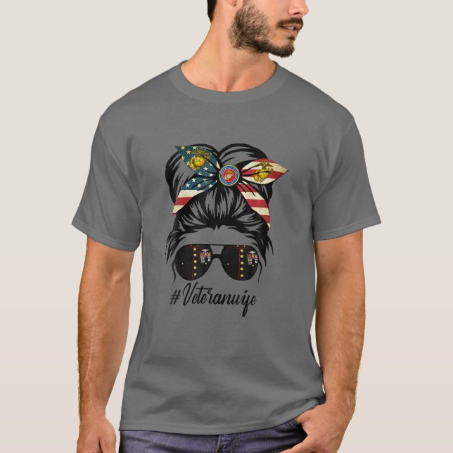 Veteran Wife Military Patriotic Messy Bun Hair T-Shirt (Front)