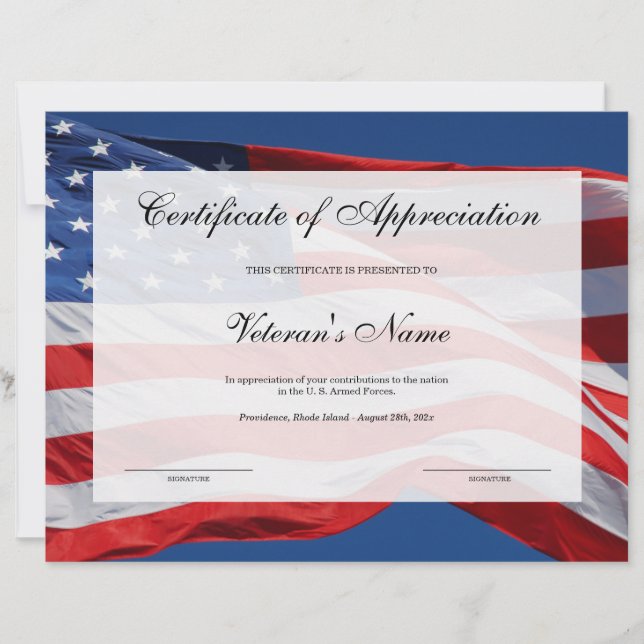 Veteran's Certificate of Appreciation  (Front)