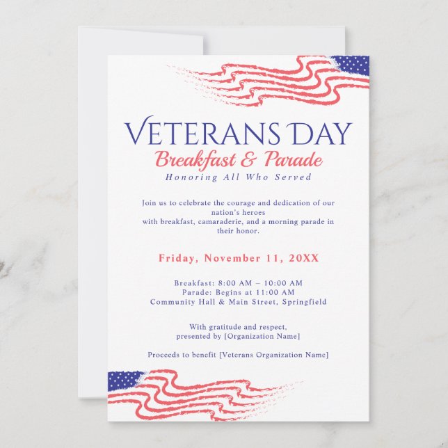 Veterans Day Breakfast Parade Patriotic Invitation (Front)