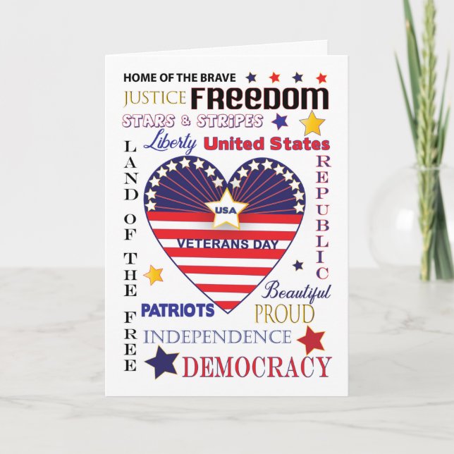 Veterans Day Holiday Typography Heart Flag Card (Front)