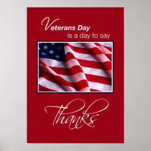 Veterans Day Patriotic American Flag Thanks in Red Poster
